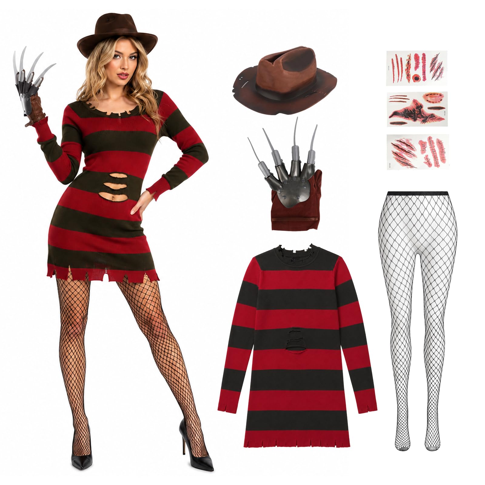 5PCS Freddy Krueger Costume Women Scary Killer Jumper Dress Cosplay Set XL
