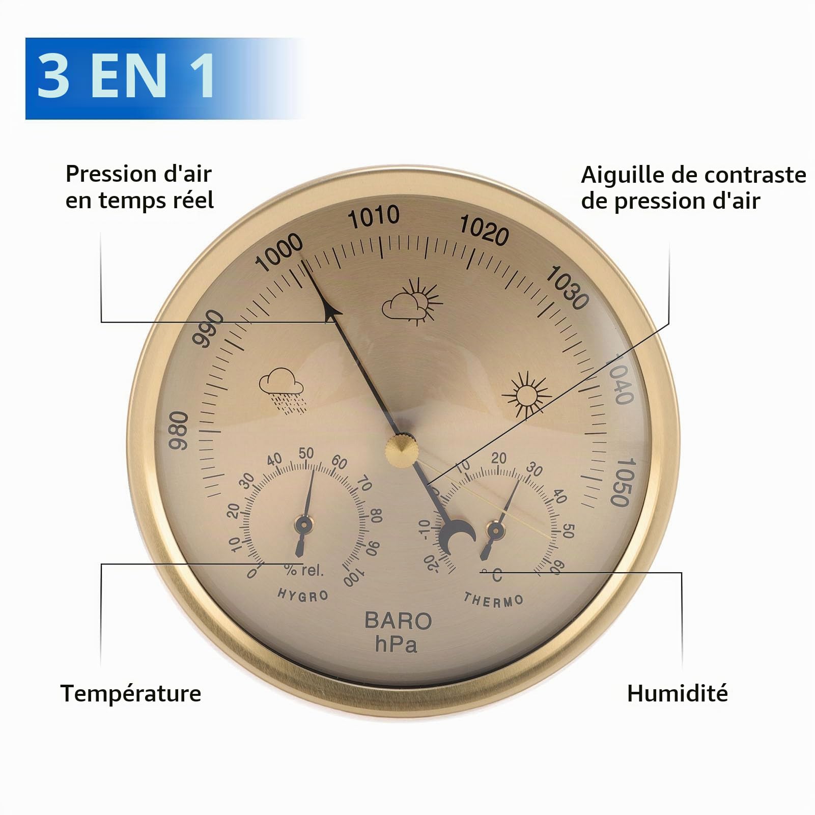 3 Po en 1 Baromètre Hygromètre Thermomètre, 130 Mm / 5 '' Type de Station Mécanique de la Station Mécanique Baromètre Barométrique Presque pour la Maison, le Bureau, la Pêche