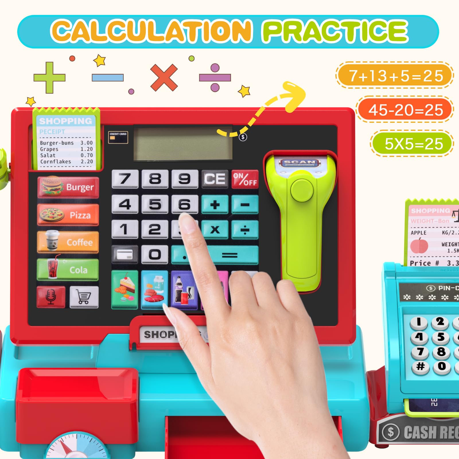 Caisse Enregistreuse Enfants Électronique, Caisse de Supermarché avec Scanner et Son, Jouet Monnaie pour Enfant avec Accessoires, Jeu Éducatif pour Enfants dès 3 Ans