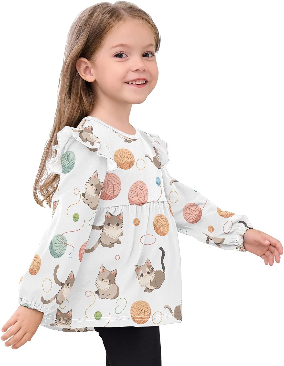 visesunny Toddler Clothes for Girls Cute Cat Yarn Line Long Sleeve Fall Shirts Cotton Top with Ruffle Collar