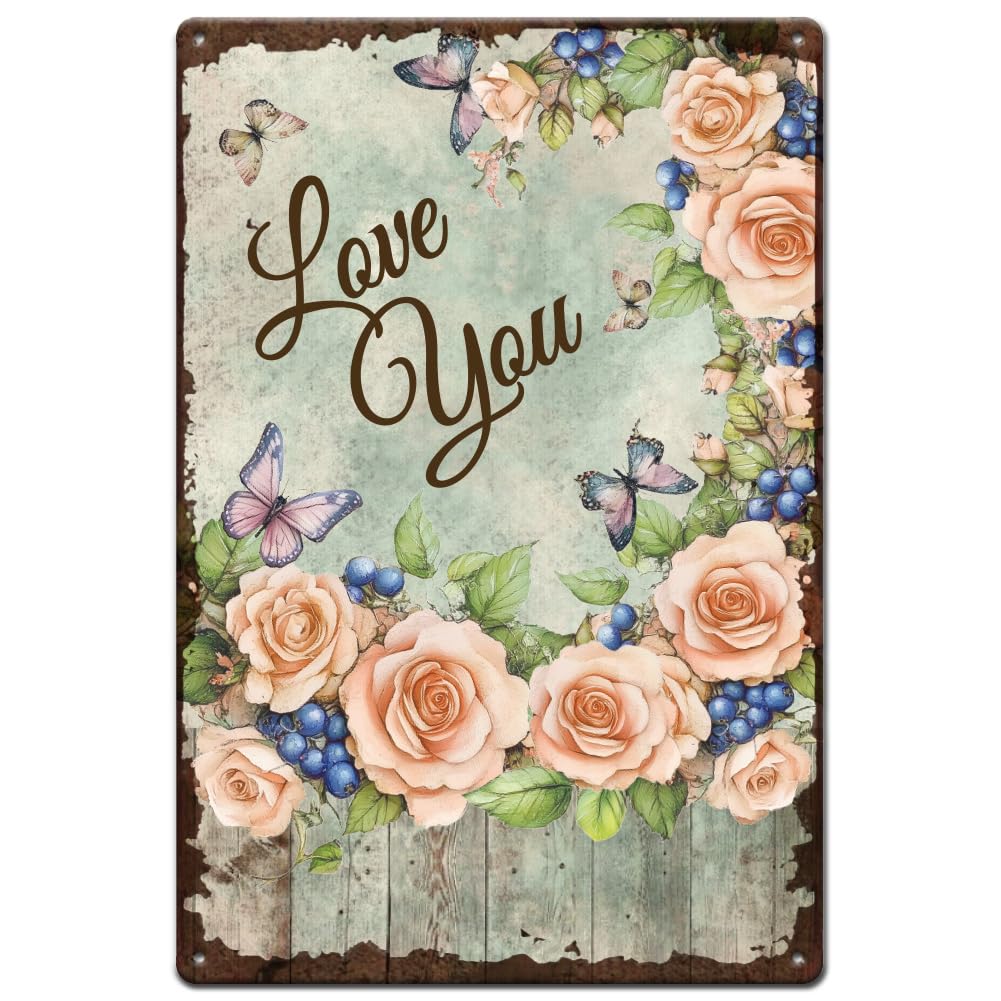 SUPERDANT Love You Metal Signs Valentine's Day Tin Signs Rose Butterfly Metal Signs Vintage Sign and Plaque for Bedroom Living Room Valentine's Day Man Cave Wall Decoration