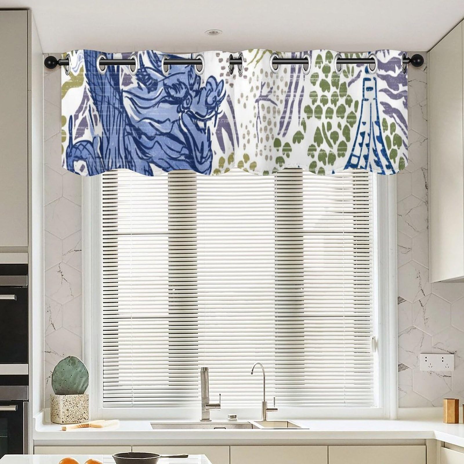 Cortinas de cocina asiática Pagoda Chinoiserie con cenefa tradicional china de 52x18 pulgadas
