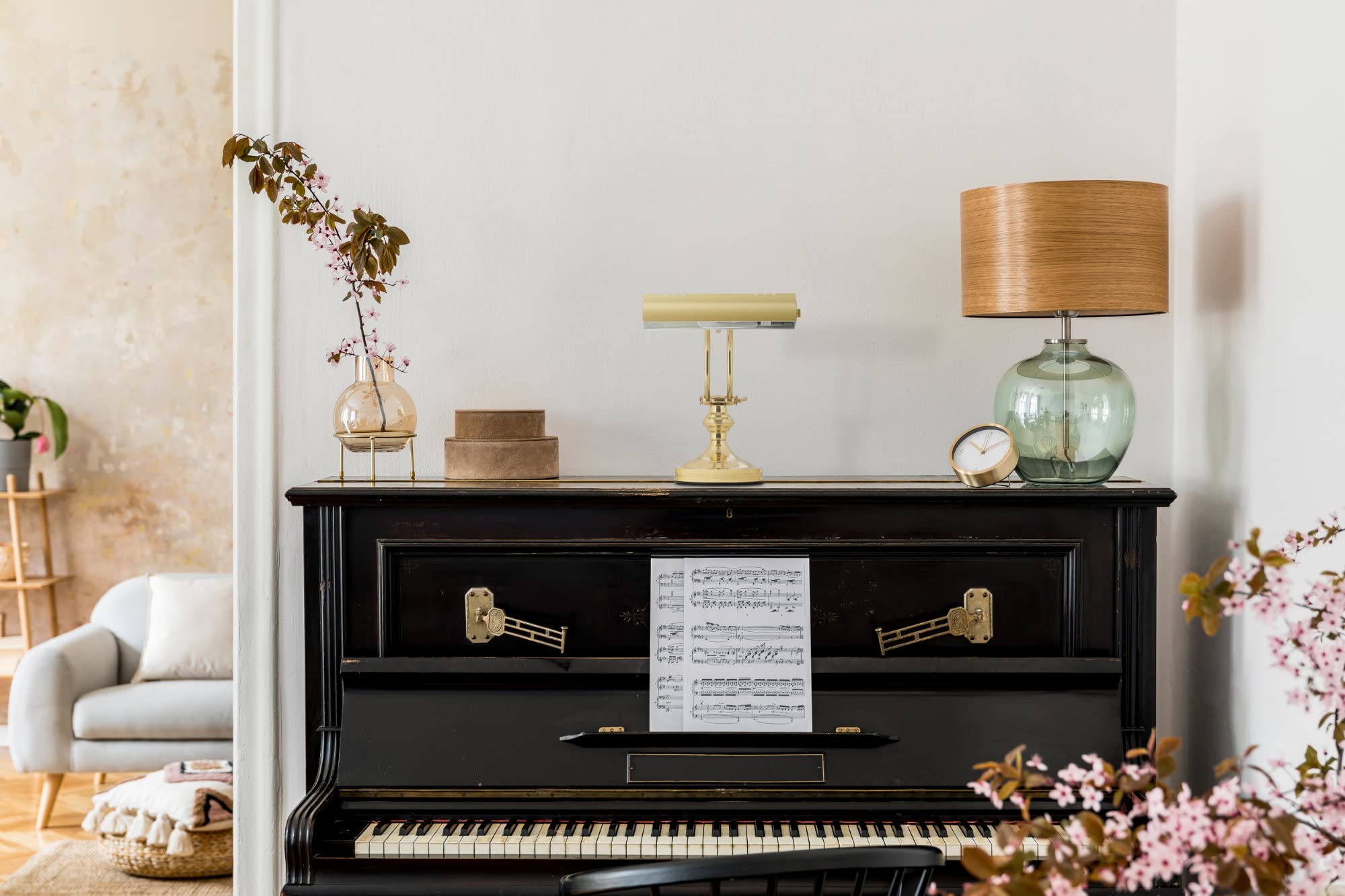 Classic Cantabile L3-A Messing Klavierleuchte - Retro Pianoleuchte für Klaviernoten - Vintage Schreibtischlampe mit 180 cm Kabel - Leselampe für Klavier und Piano - Messing