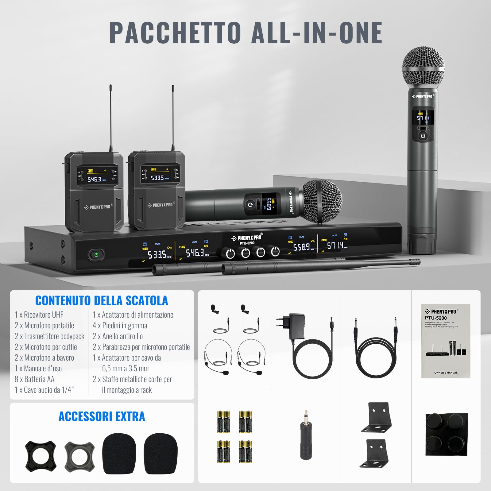 Phenyx Pro Sistema microfono wireless professionale a 4 canali con microfoni palmari, bodypack, archetto, da bavero, 4 x 25 frequenze UHF per canto, karaoke, chiesa (PTU-5200-2H2B)