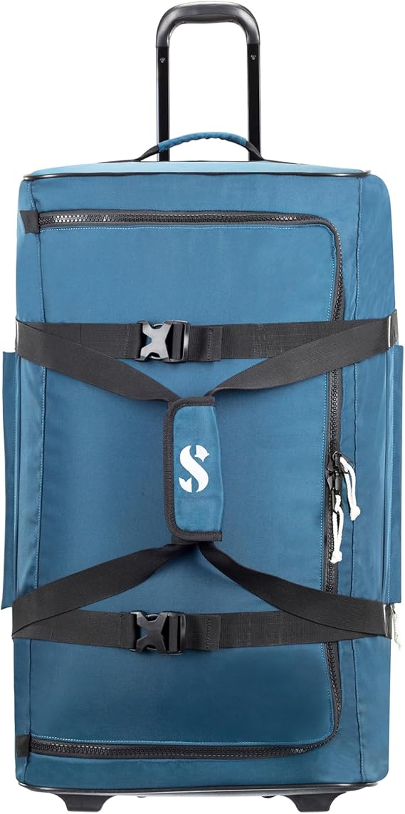 SCUBAPRO Sport 105 Wheeled Dive Bag with Telescopic Double-Bar Tow Handle, Carry Handles and Double Duffel Straps for Scuba Diving Gear, Denim Blue Color Fabric