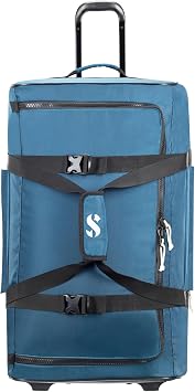 SCUBAPRO Sport 105 Wheeled Dive Bag with Telescopic Double-Bar Tow Handle, Carry Handles and Double Duffel Straps for Scuba Diving Gear, Denim Blue Color Fabric