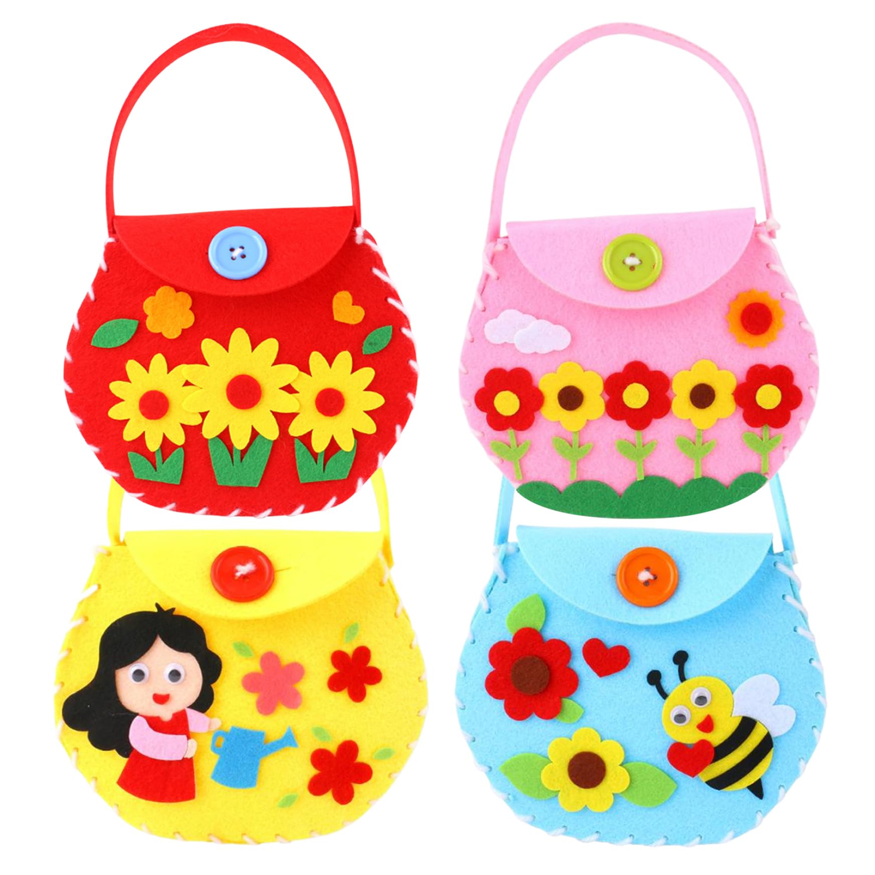 Otbushit Kids Sewing Kit, 4Pcs Cute Handbag Felt Sewing Kit, 4 Different Fun DIY Craft Purse Helps Develop Fine Motor Skills for Kids Beginner