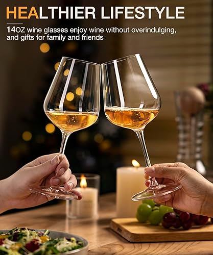 Miniatura 4 de LUNA & MANTHA Juego de 4 copas de vino blanco con tallo, sopladas a mano de 14 onzas, perfectas para embalaje de regalo rojo y blanco para uso