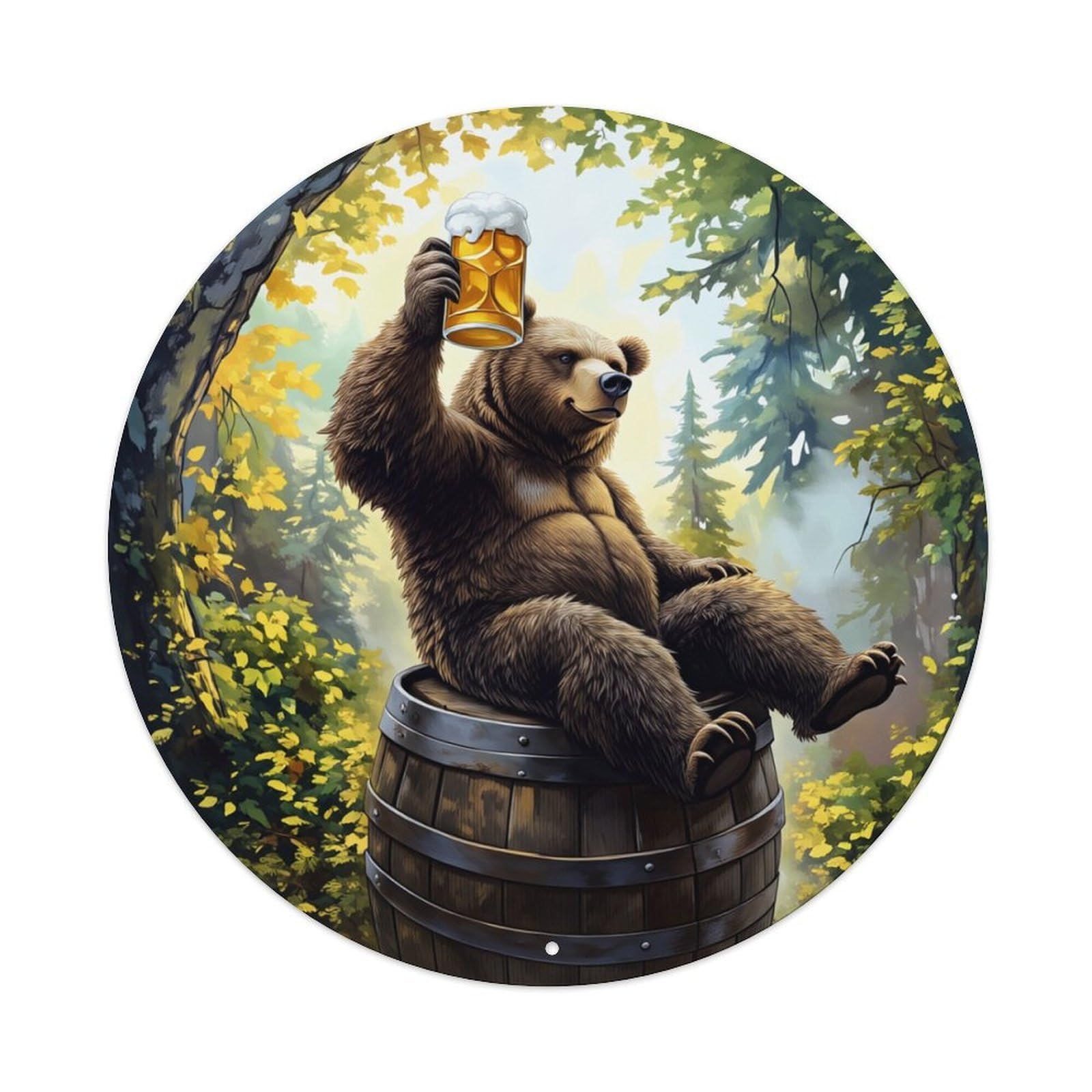 Bear Holding Beer In Forest Round Tin Sign Retro Metal Sign for Cafe Bar Pub Home Game Room Gym Club Wall Decoration Vintage Metal Poster 8x8 Inch