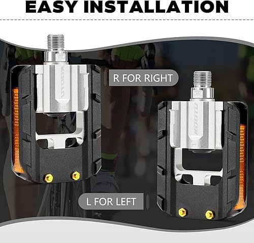Miniatura 10 de KOOTU Pedales de bicicleta con tiras reflectantes, pedales universales de bicicleta de montaña de 916 pulgadas, pedales de bicicleta de aleación de