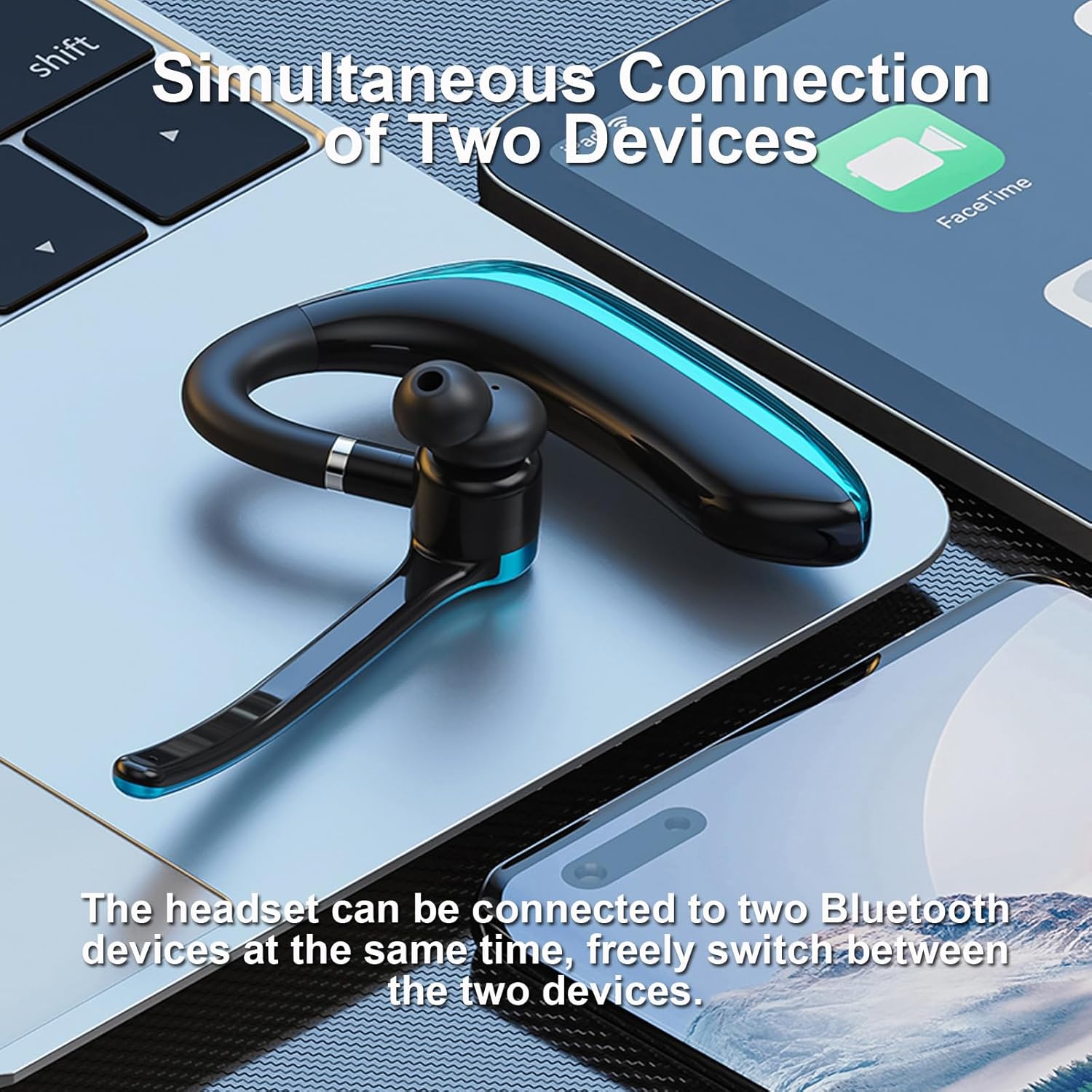 CNBRO M80A Headset connected to two devices, a laptop and a smartphone, demonstrating simultaneous connection.