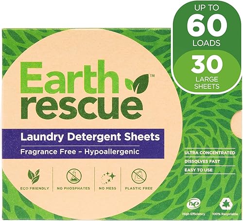 Earth Rescue Hojas de detergente para ropa  Hasta 60 cargas (30 hojas)  Sin perfume, hipoalergénico, concentrado sin líquido, detergente seco para