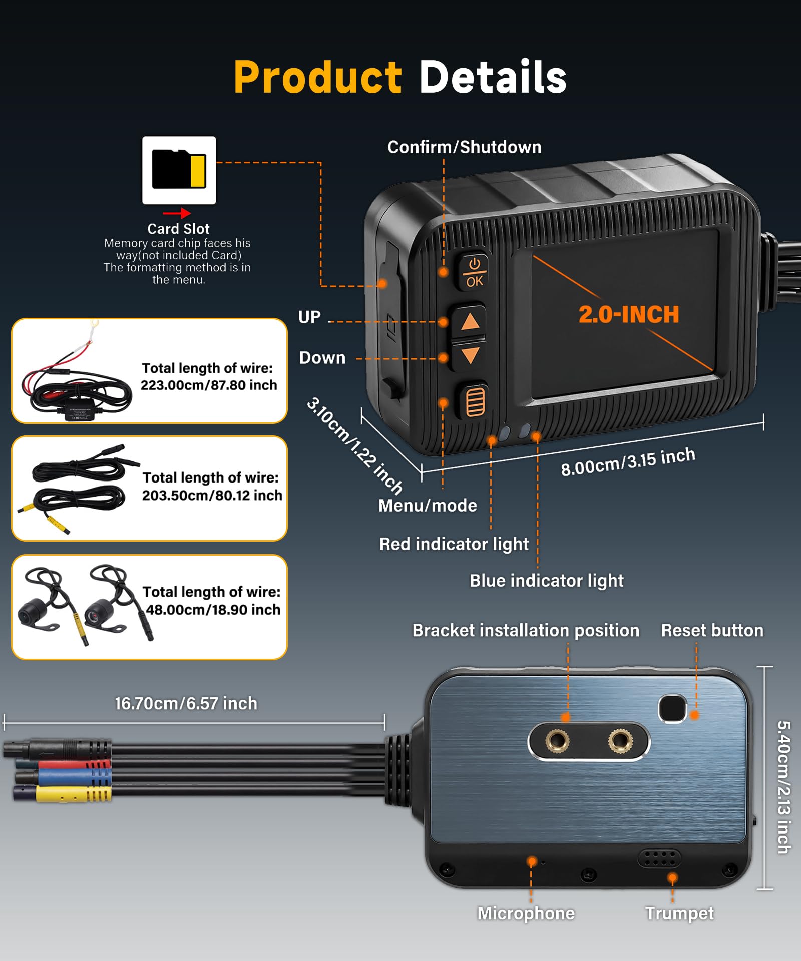 Hodozzy 2 Pouces 1080P Dashcam pour Moto, avec Vision Avant et Arrière, Etanchéité IP65, Enregistrement en Boucle, Surveillance Stationnement, Capteur G, Commande Filaire, Carte TF 32G