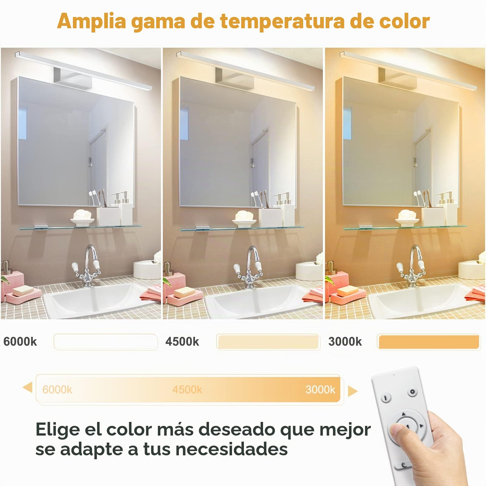 NIORSUN Lámpara LED Para Espejo de Baño, 18W 80cm, 1800 Lm, Atenuación Libre 3000K - 6000K, Regulable Con Mando a Distancia, Acero Inoxidable, Aplique Impermeable IP44