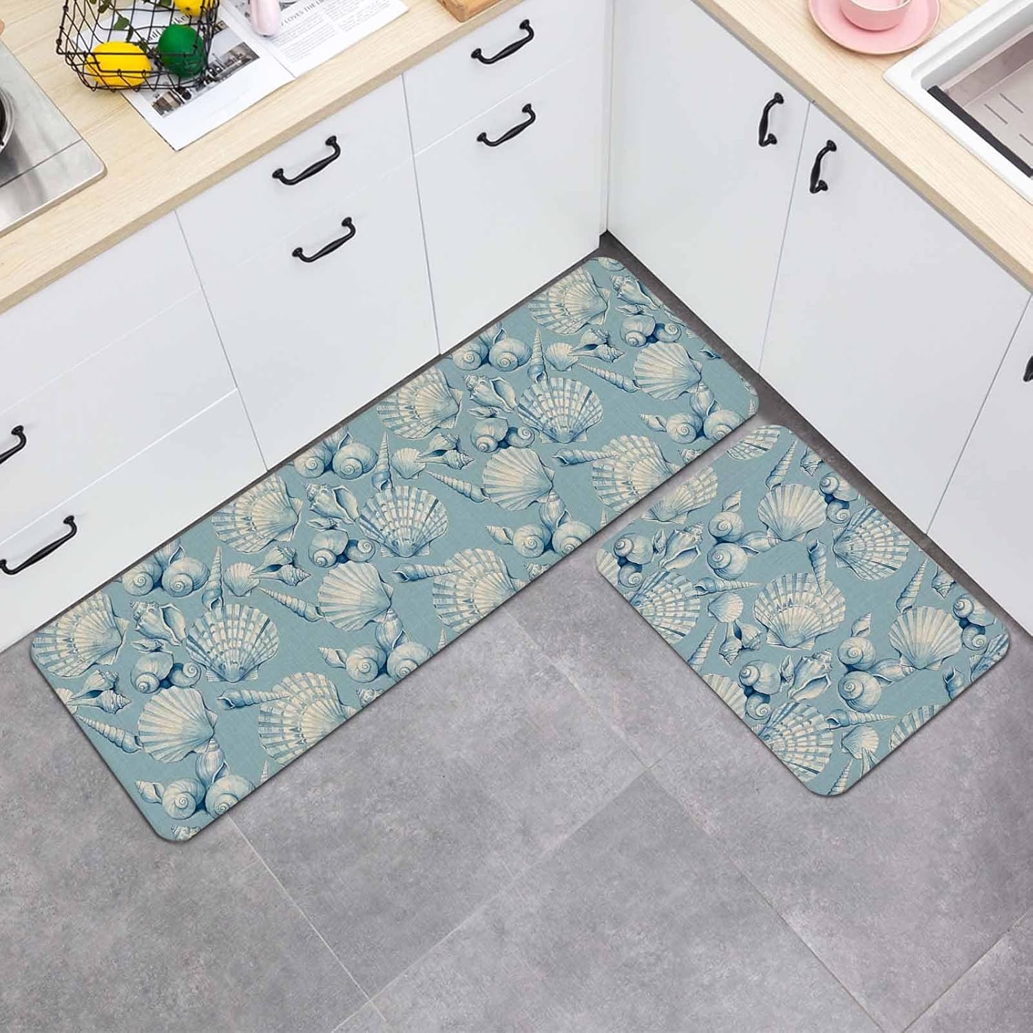 Prime Leader Blue Seashells Kitchen Mat Set 2 Pieces Summer Coastal Coral Dreamy Marine Life Non Slip Kitchen Rugs Washable Runner Rug Mats for Floor Sink Laundry Office 19.7" x 31.5"+19.7" x 47.2"