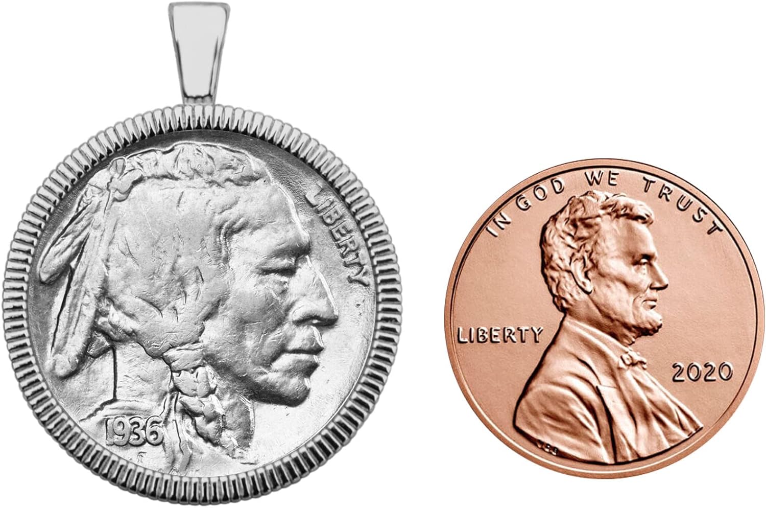 US 1936 Indian Head Buffalo Nickel 5 Cents Coin Solid 925 Sterling Silver Necklace NEW - Showing Indian Head in Front