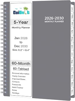 Monthly Planner 2026-2030, 5-Year Calendar Planner 2026-2030, Jan 2026 Dec 2030, 6.2 x 8.4 In, Ruled Spread, Flexible Cover, Spiral Wirebound, Pocket, 60 Coated Monthly Tabs, Notes & Habit Tracker