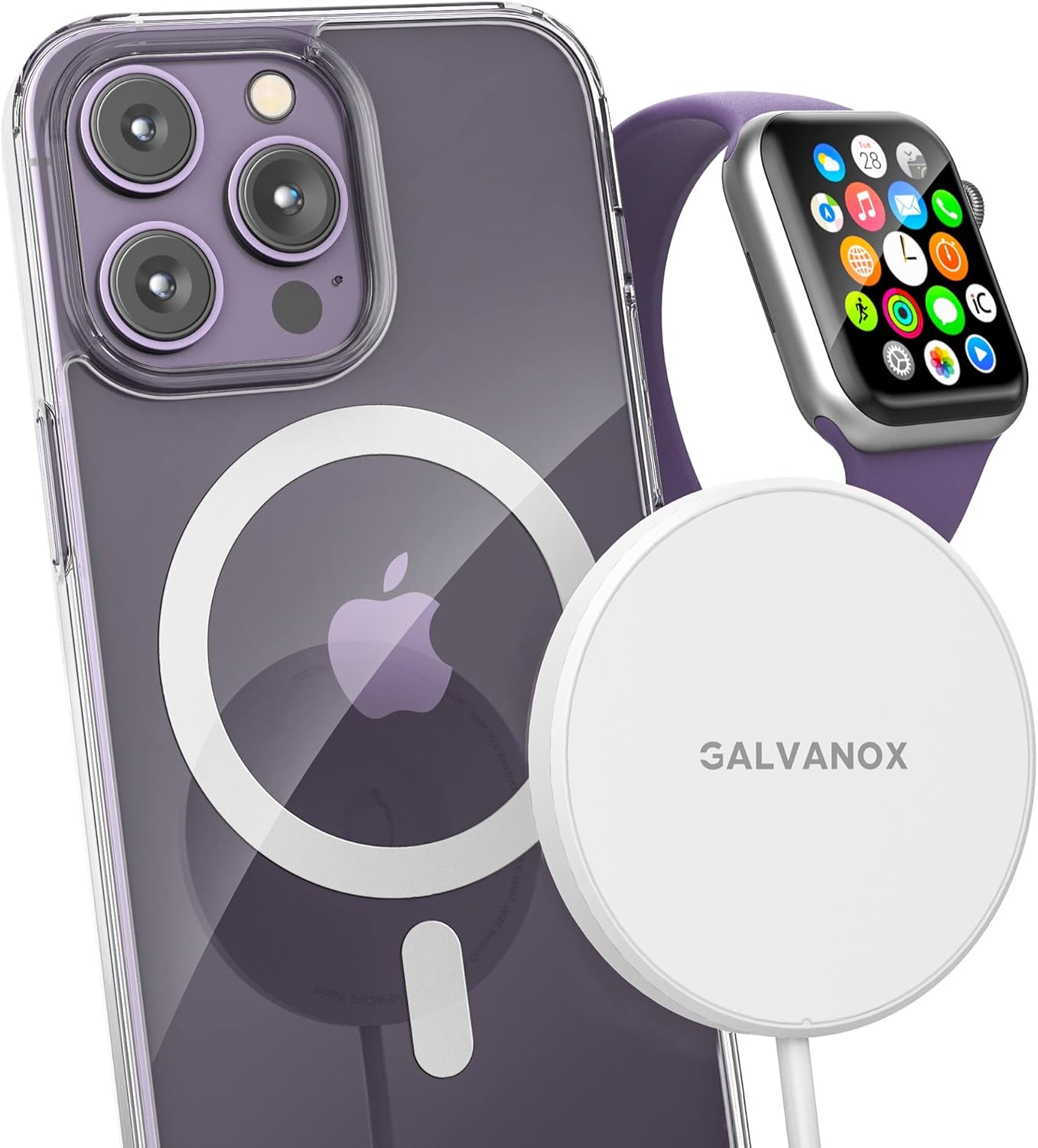 Galvanox Watch + iPhone Magnetic Wireless Charger (Compatible with MagSafe) Charges Apple Watch Series 4/5/6/7/8 and iPhone 15/15 Pro Max, 14, 13,12 (White)