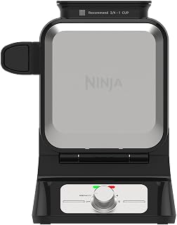 Ninja NeverStick PRO Belgian Waffle Maker - Vertical Design, 5 Shade Settings, Precision Pour Cup, Black & Silver BW1001