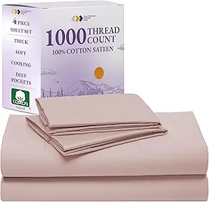 California Design Den Thick and Natural 100% Cotton Sheets Queen Size Bed Set - Luxury 1000 Thread Count Sateen, Deep Pocket Sheet Set, Soft, Breathable and Durable Bedding - Sepia Rose