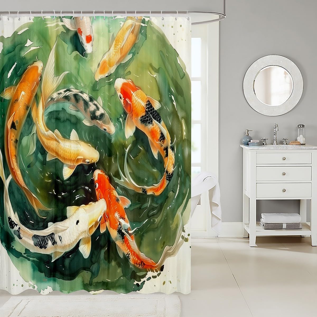 Koi Fish Waterproof Bathroom Curtain Oriental Japanese Bath Curtain, Watercolor Style Shower Curtain Wild Lucky Fish Bathroom Curtains, Green Orange Beige Shower Set Eastern Room Decorative, 72Wx78L