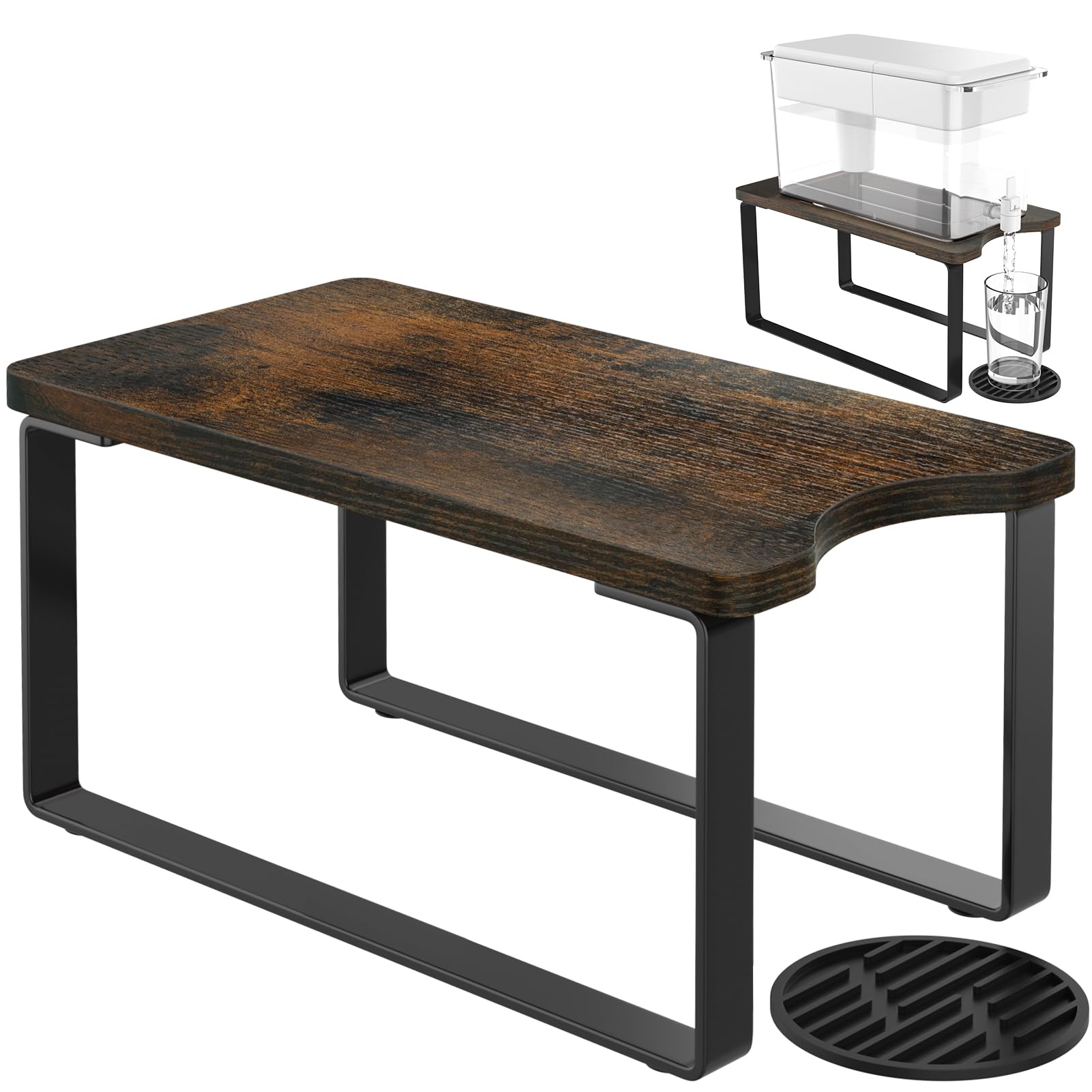 Water Filter Dispenser Stand Wood with Drip Tray - 7.9''W x 14.9''D x 7''H, Metal Stand Designed for Brita Filter, Compatible with Zero Water, PUR, Waterdrop etc