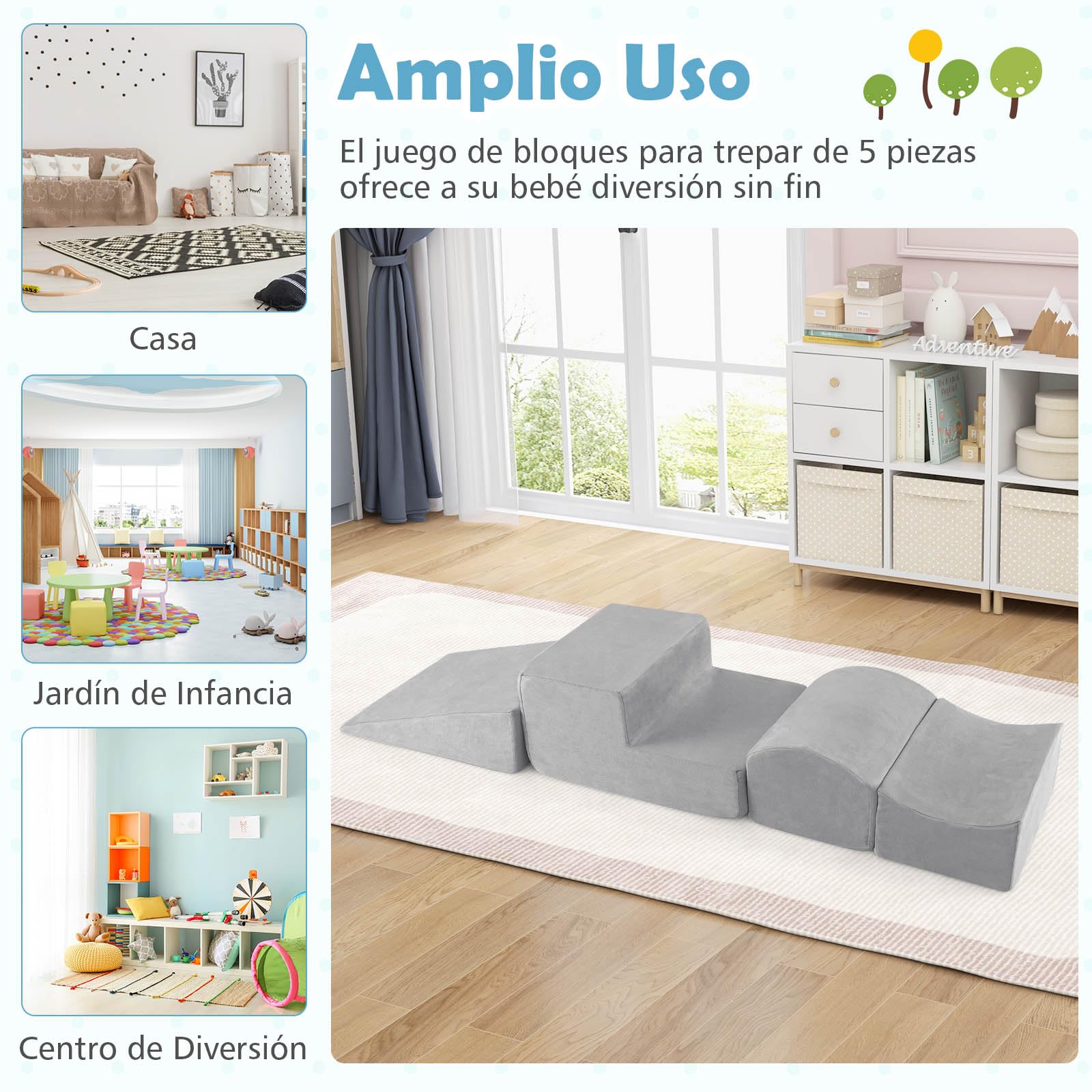 GOPLUS Bloques de Escalada de Espuma con Piscina de Pelotas, 5 Juguetes y Bloques de Escalada con Funda de Tela Suede, Espuma de Alta Densidad, Actividad de Juego Blando para Trepar (Gris)