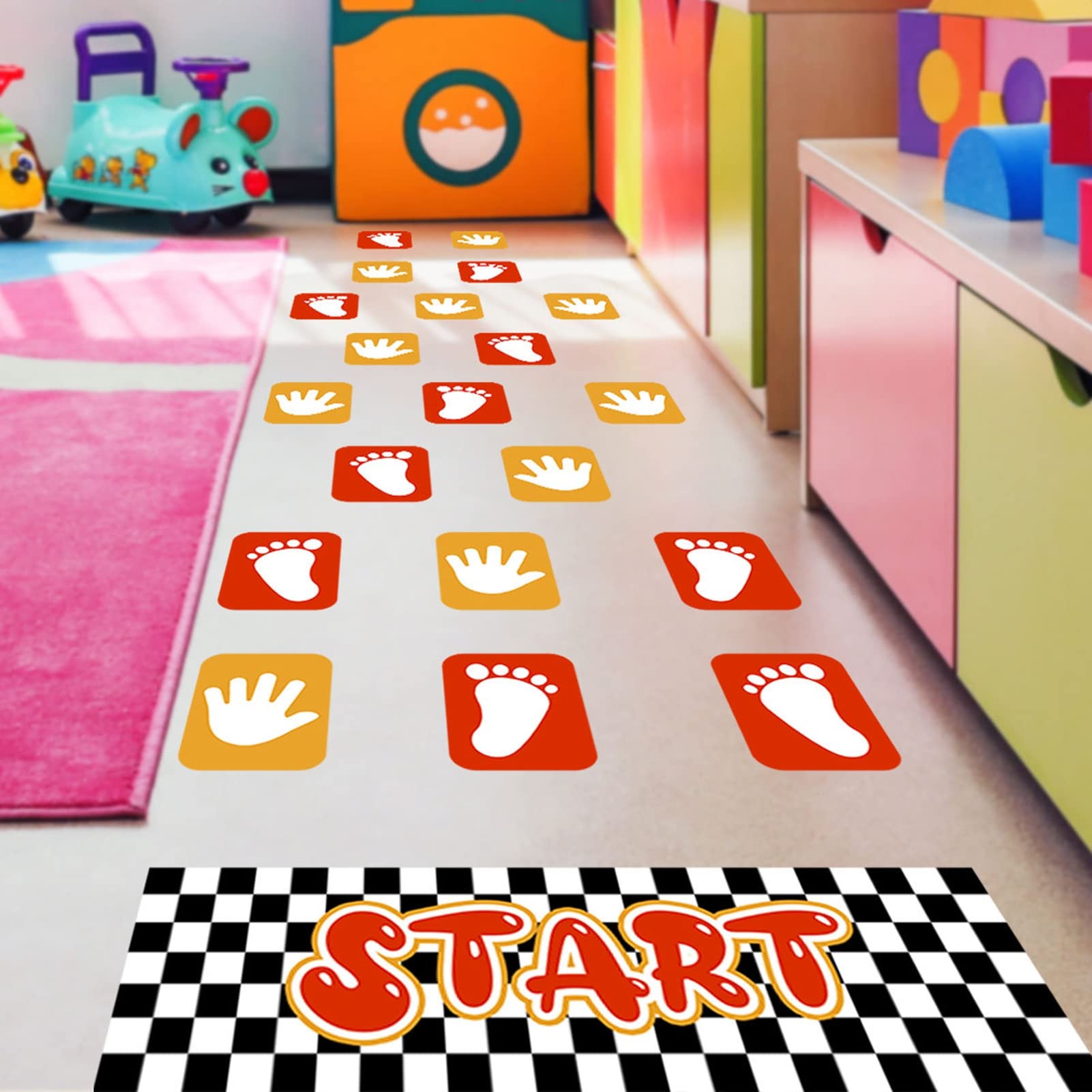 Luojuny Red Orange Footprint And Palm Lattice Floor Sticker Wall Decals, Self-Adhesive Funny Hopscotch Game Wall Sticker, Lattice Floor Sticker Decals For Kids Bedroom, Nursery, Ground Corridor Decor