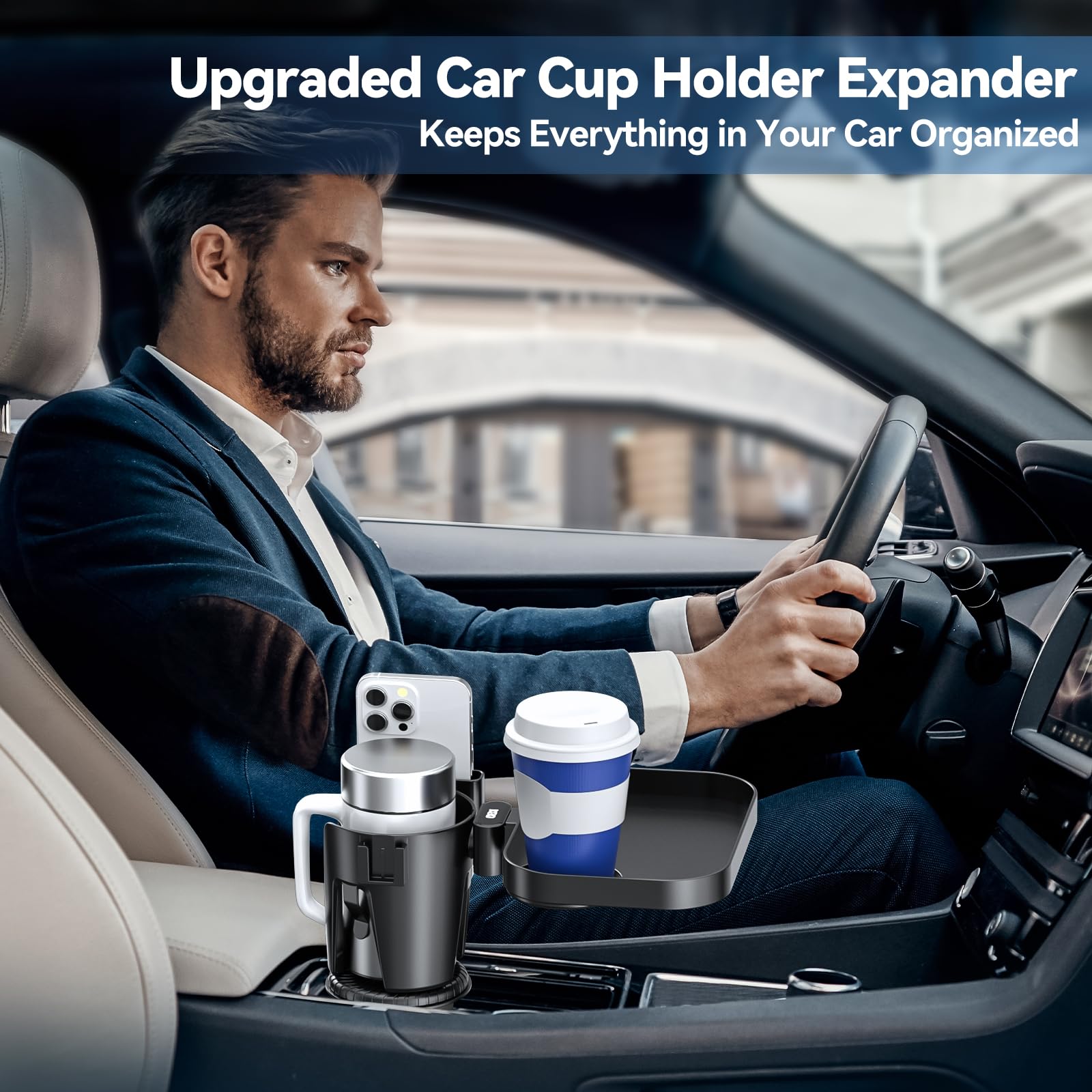 KDD Cup Holder Expander for Car - 3 in 1 Cup Holder Adapter with Phone Holder & Detachable Food Tray - Compatible with Yeti/Hydro Flask, Road Trip Essentials