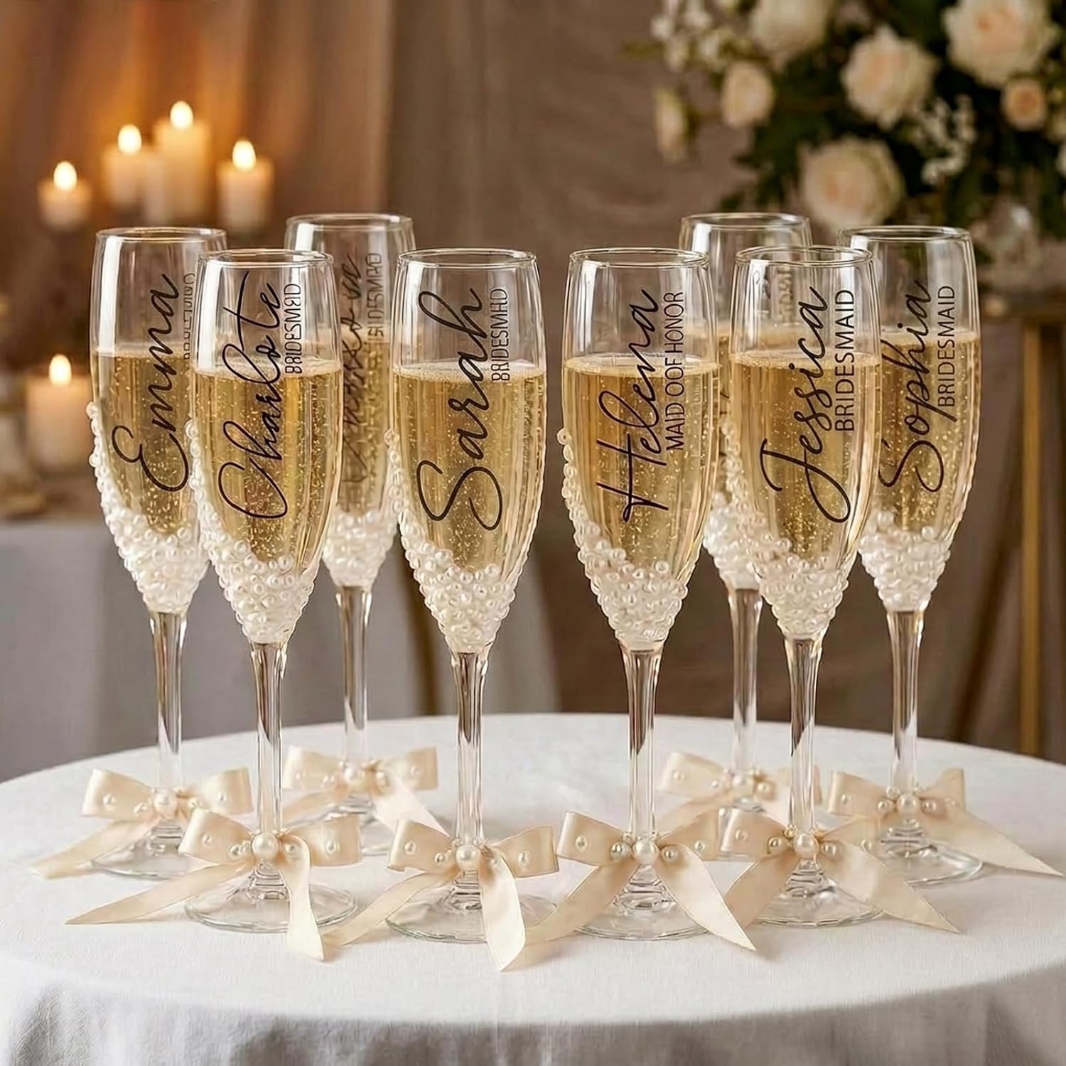 JarThenaAMCS 36Pcs Bridesmaid Champagne Set 8 Wine Glasses Kook Bachelorette Party Champagne Glasses personalized name Transfer Stickers Pearl Decals Bows Cocktail Cups for Bridal Shower Wedding Party