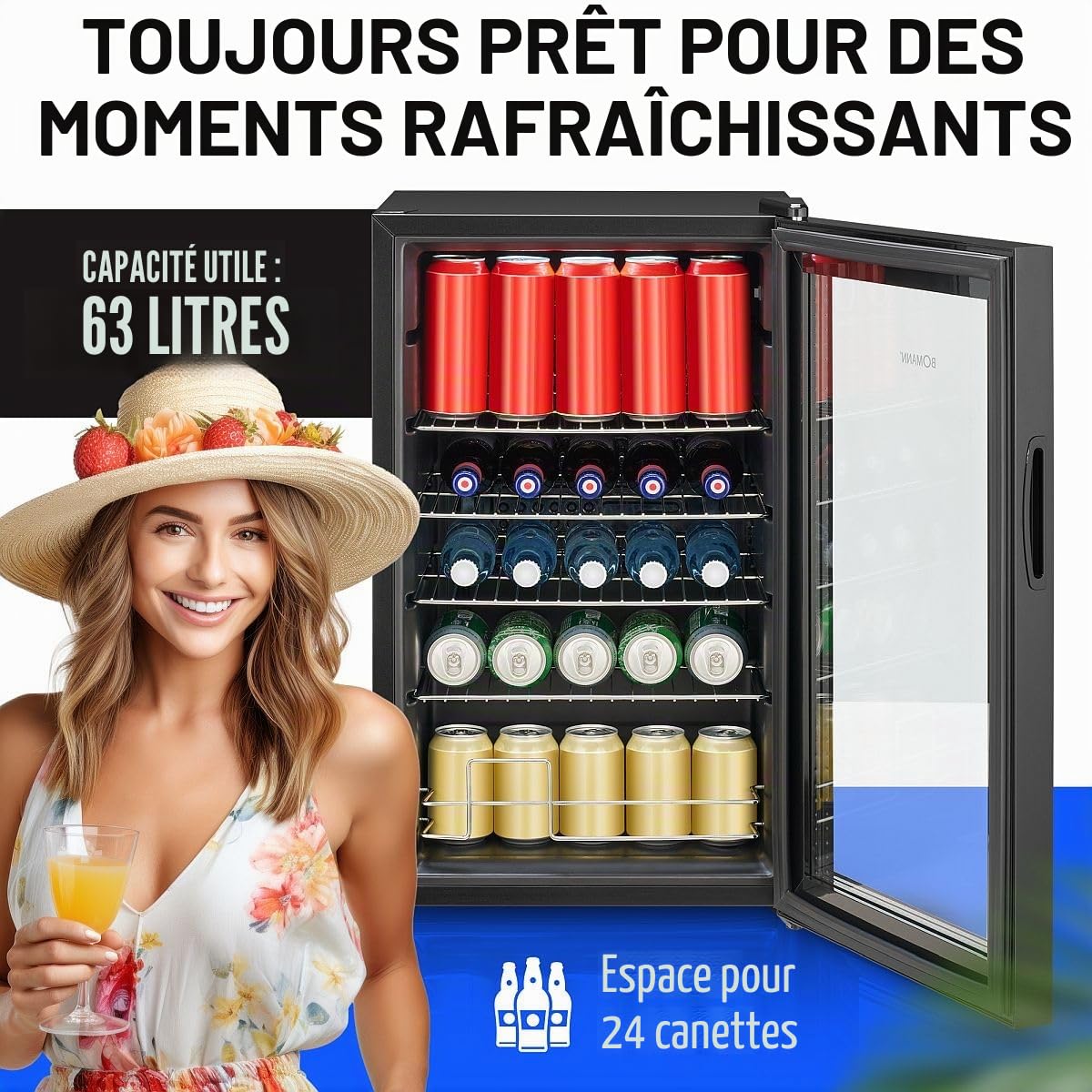 Bomann Réfrigérateur à Boissons 63 L KSG 7287, Éclairage LED, Noir | éclairage LED, contrôle température +3 à +10 °C, 4 étagères chromées, porte double vitrage, pieds réglables