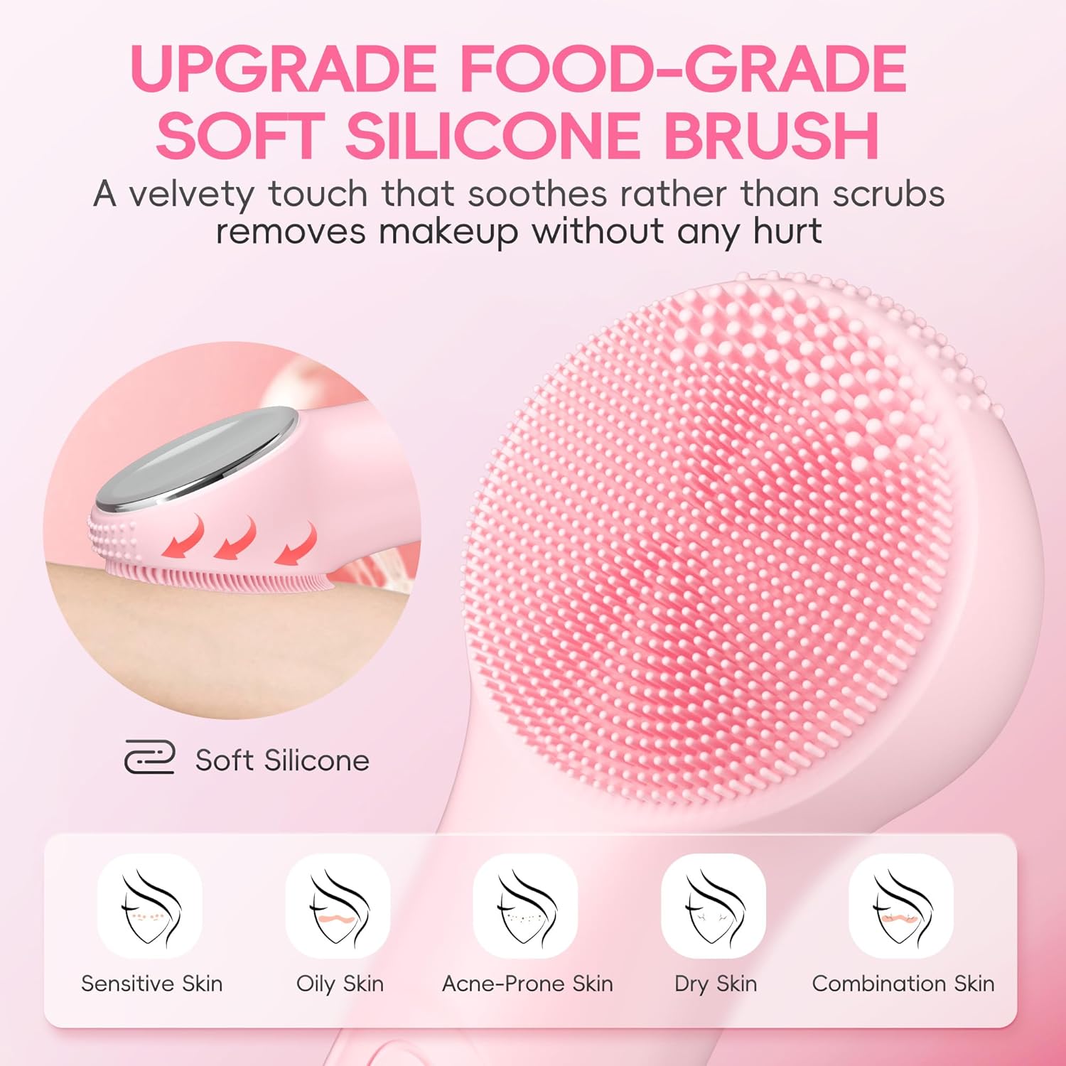 Facial Cleansing Brush, 2 in 1 Rechargeable Silicone Face Scrubber with Heat Massage Head, Electric Vibrating Exfoliating and Massaging, Waterproof Face Cleanser for Women and Men (Pink) - Image 3