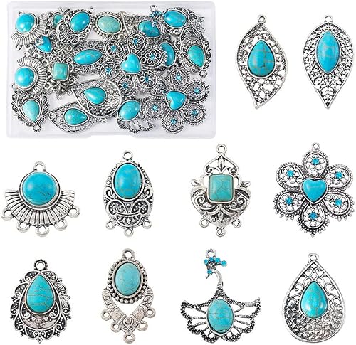 Vista 27 de FASHEWELRY 16 piezas de aretes de turquesa de estilo tibetano, joyería occidental redonda plana, joyería occidental, colgantes de piedras preciosas