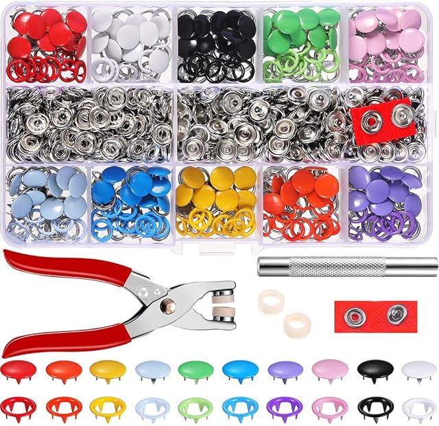 200 Set Grommets Snap Fasteners Kit, 9.5mm Leather Button Prong Buckle Snaps Press Studs with Pliers Craft Tool