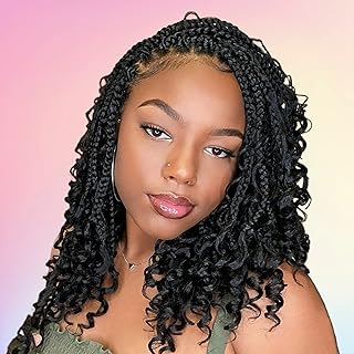 8 Packs Goddess Box Braids Crochet Hair 10 Inch Pre-looped Bohemian Crochet Boho Box Braids With Curly Ends 3X Crochet Braids Hair for Women Synthetic Braiding Hair 16 Strands (#1B)