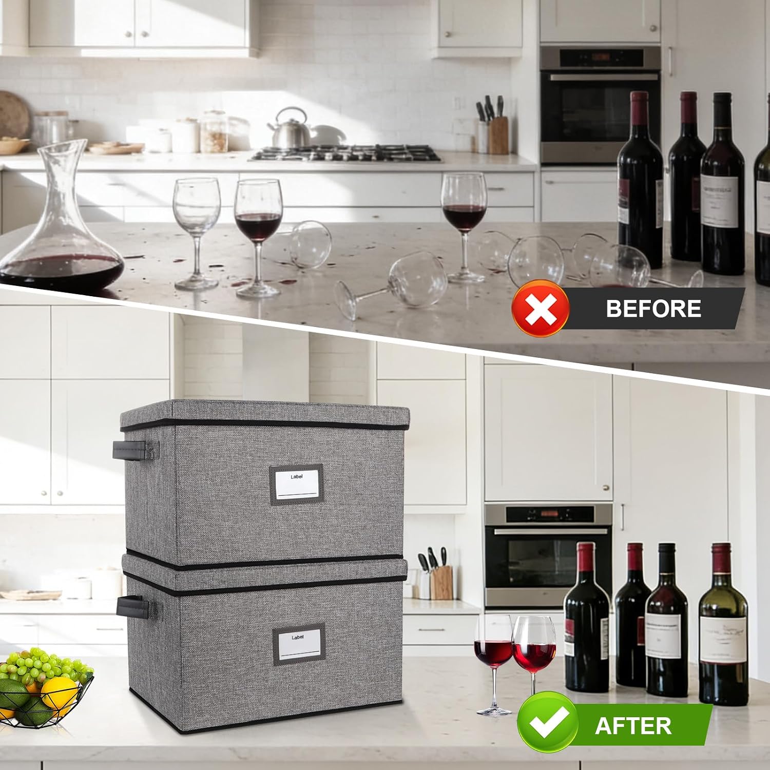 Lukeline 2 Pack Stemware Storage Container, Stackable Wine Glass Storage Box with Dividers and Handles, Holds 24 Wine Glasses, Sturdy Glassware Storage Containers for Moving