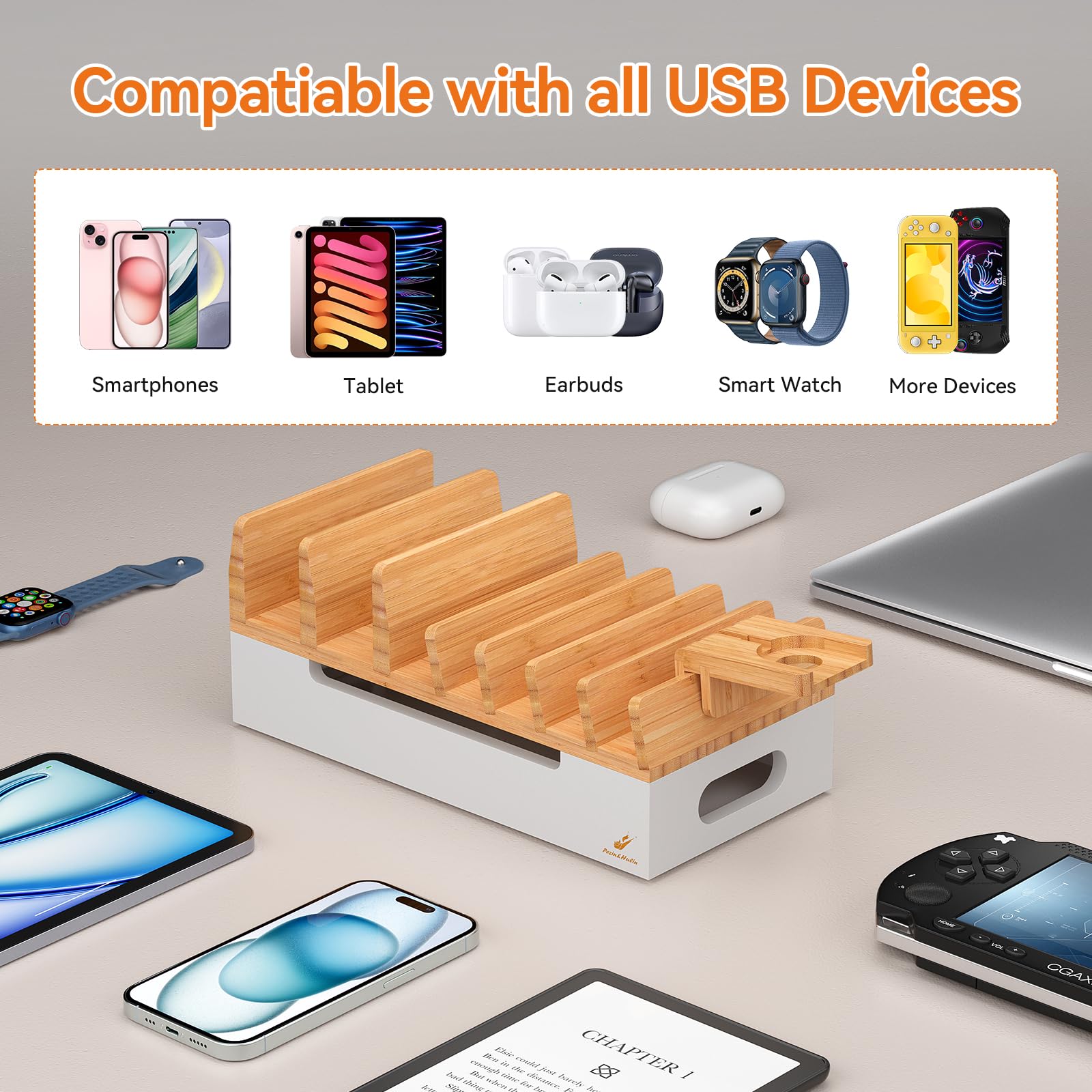 Pezin & Hulin Station de charge en bambou avec support de montre, support d'accueil pour appareils multiples avec hub de chargeur USB, 5 câbles de charge, organiseur électronique de bureau pour