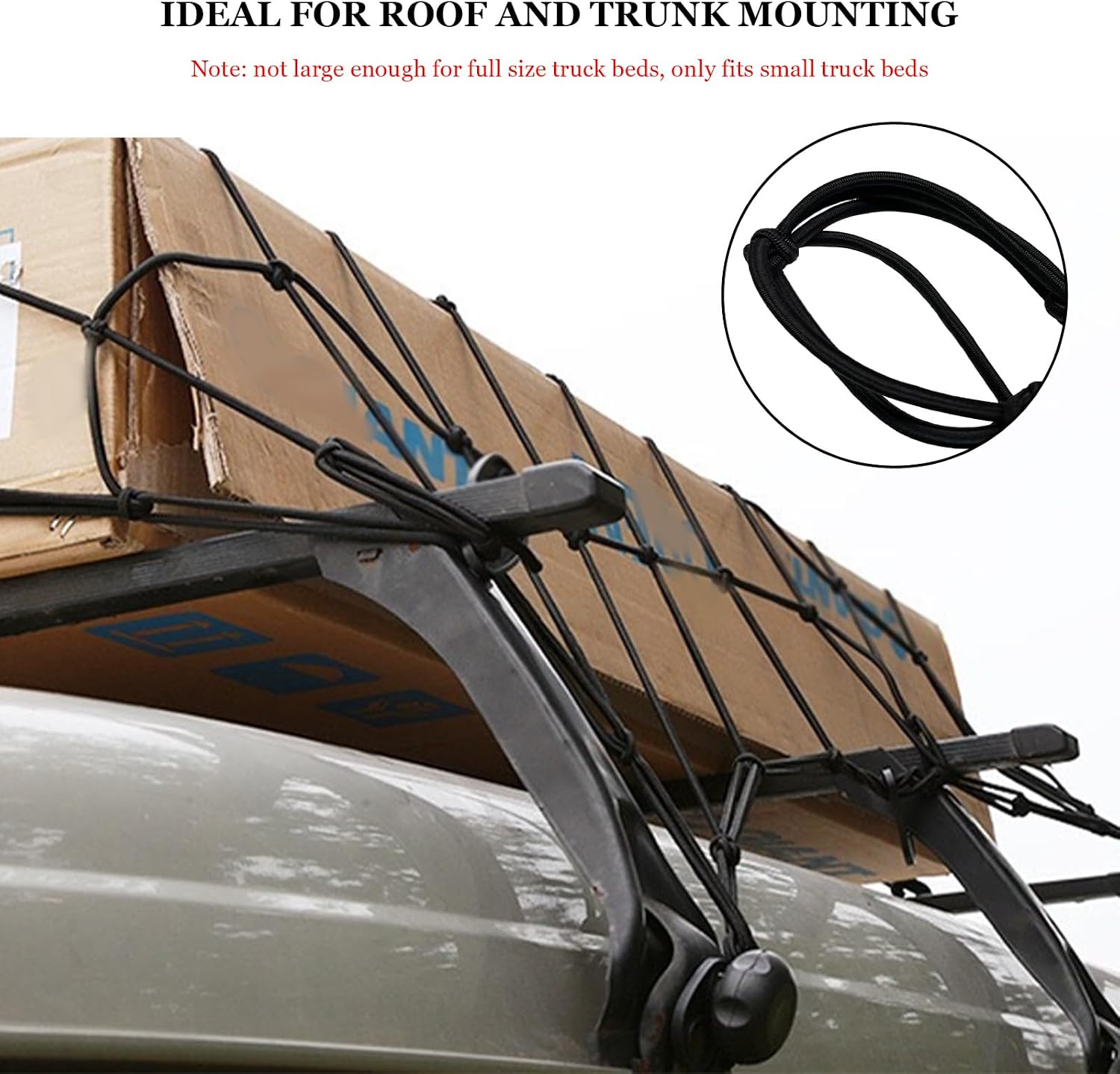 Cargo Net for Pickup Truck Bed, 4' x 3' Stretches to 7' x 6' Cargo Netting with Hooks & Carabiners, Highly Elastic Small Latex Bungee Mesh Net for Truck Bed Roof Basket