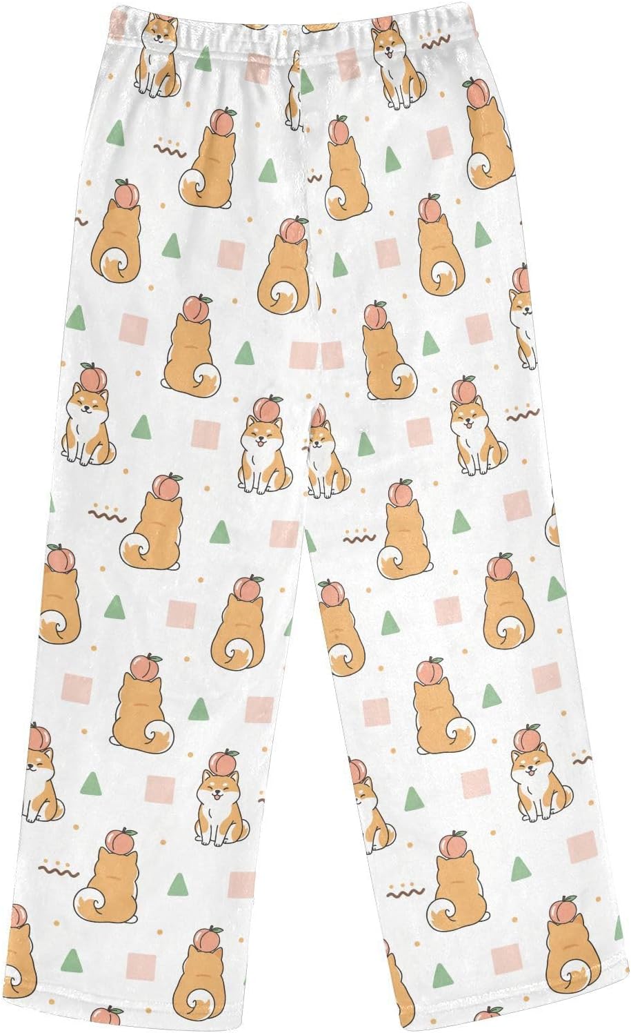 Cute Dog Peach White Print Plush Pajama Pants Sleepwear Bottoms Lounge Fleece Pants with Elastic Waist, S-XL