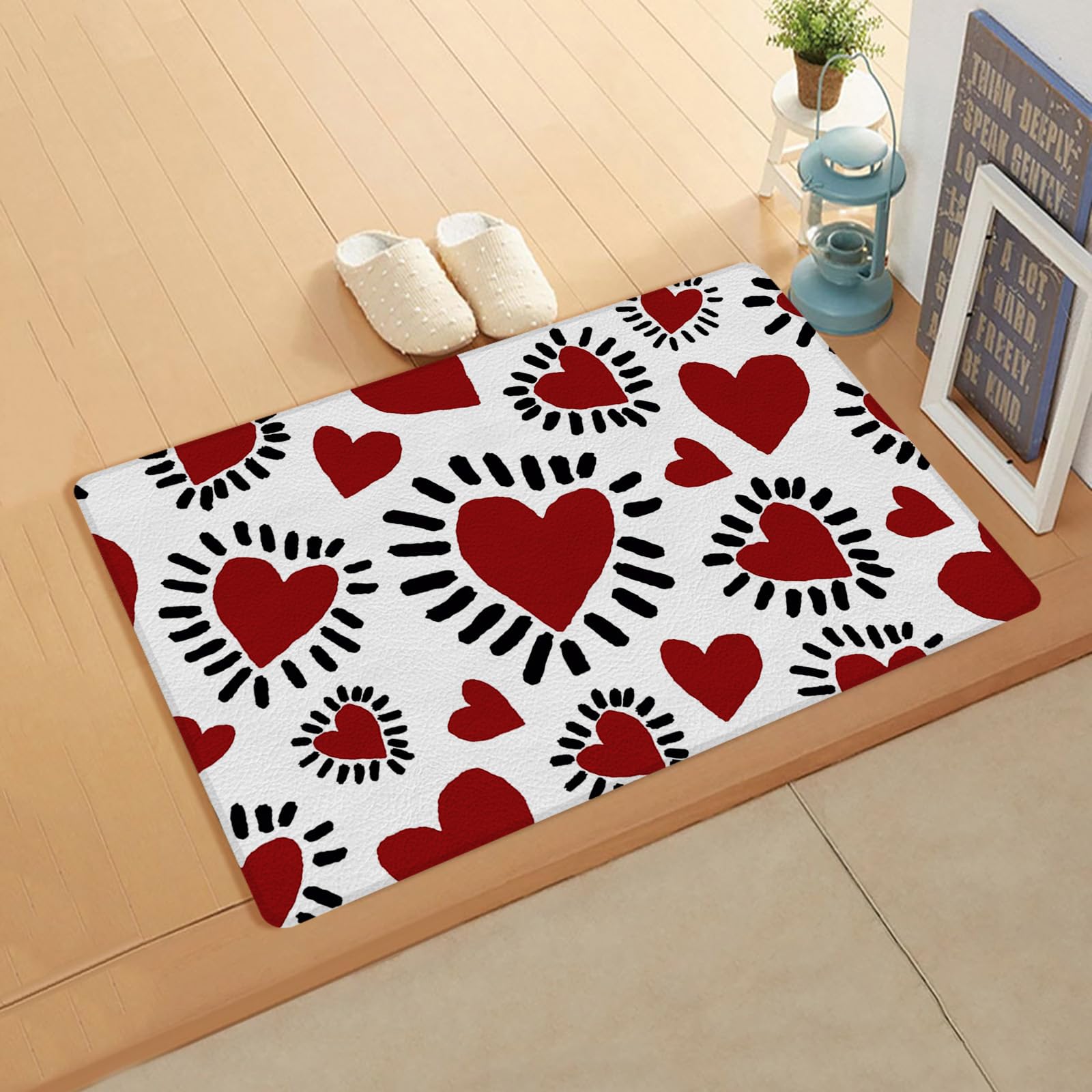 Red Love Kitchen Bath Door Mat Cushioned Runner Rug,Washable Welcome Floor Sink Antifatigue Mat,Waterproof & Non-Slip Comfort Standing Doormat,Valentine's Day Sweet Heart Holiday Black White 18