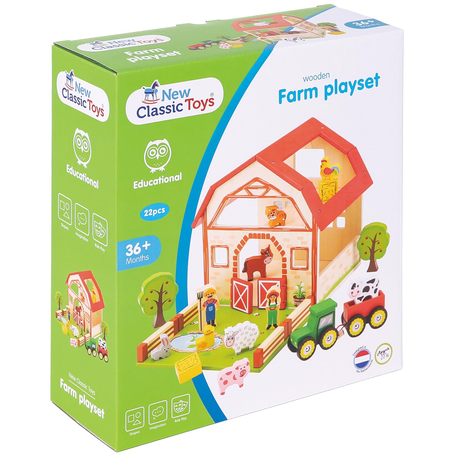 New Classic Toys 10850 drewniany zestaw do zabawy w gospodarstwie wiejskim, edukacyjna percepcja zabawka dla dzieci w wieku przedszkolnym, chłopców i dziewcząt, wielokolorowa