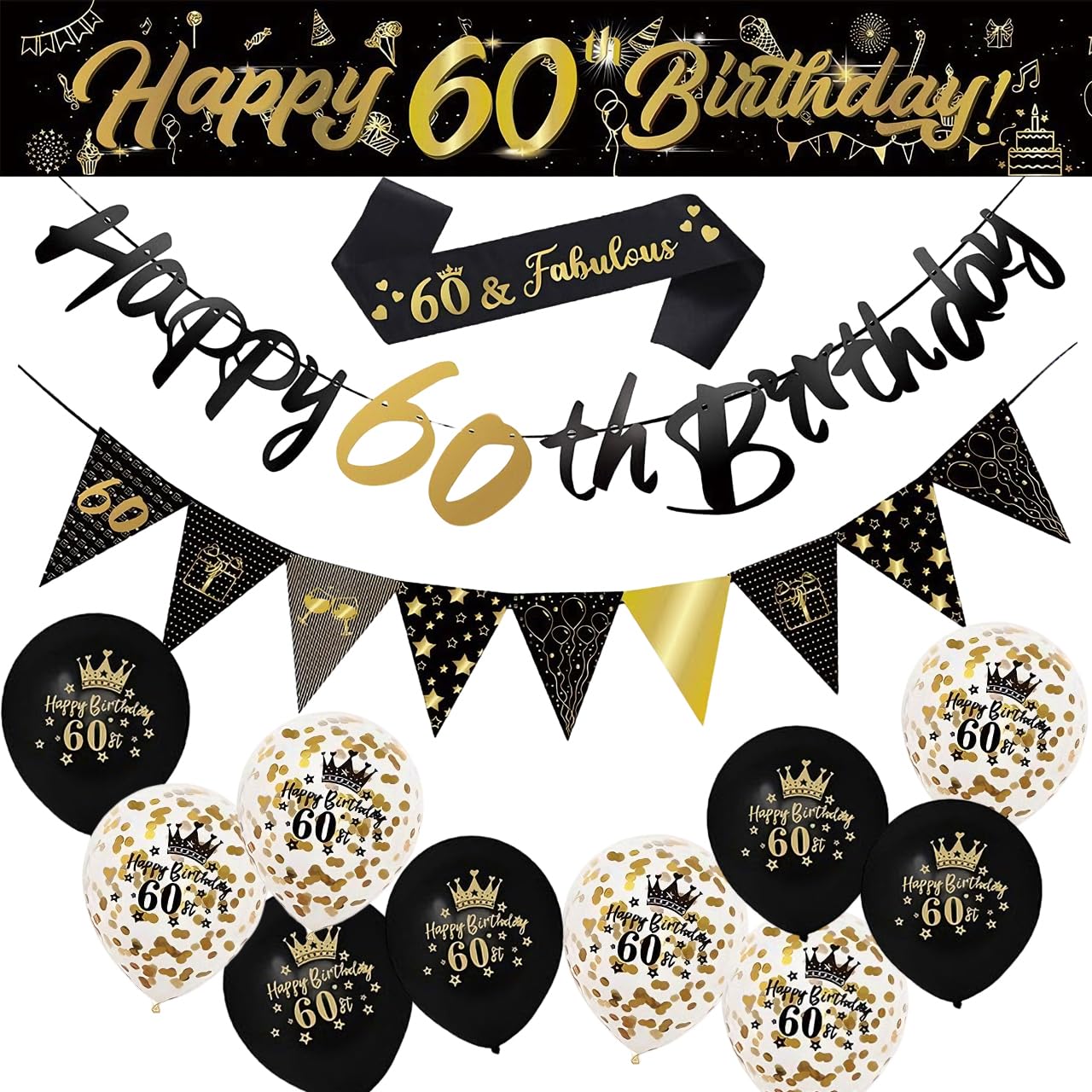 60th Birthday Decorations Banner, Black Gold 60th Birthday Party Banner and Yard Banners, 60 & Fabulous Strap, Triangle Flag Bunting Confetti Party Balloons, 60th Birthday Party Supplies for Boy Girls
