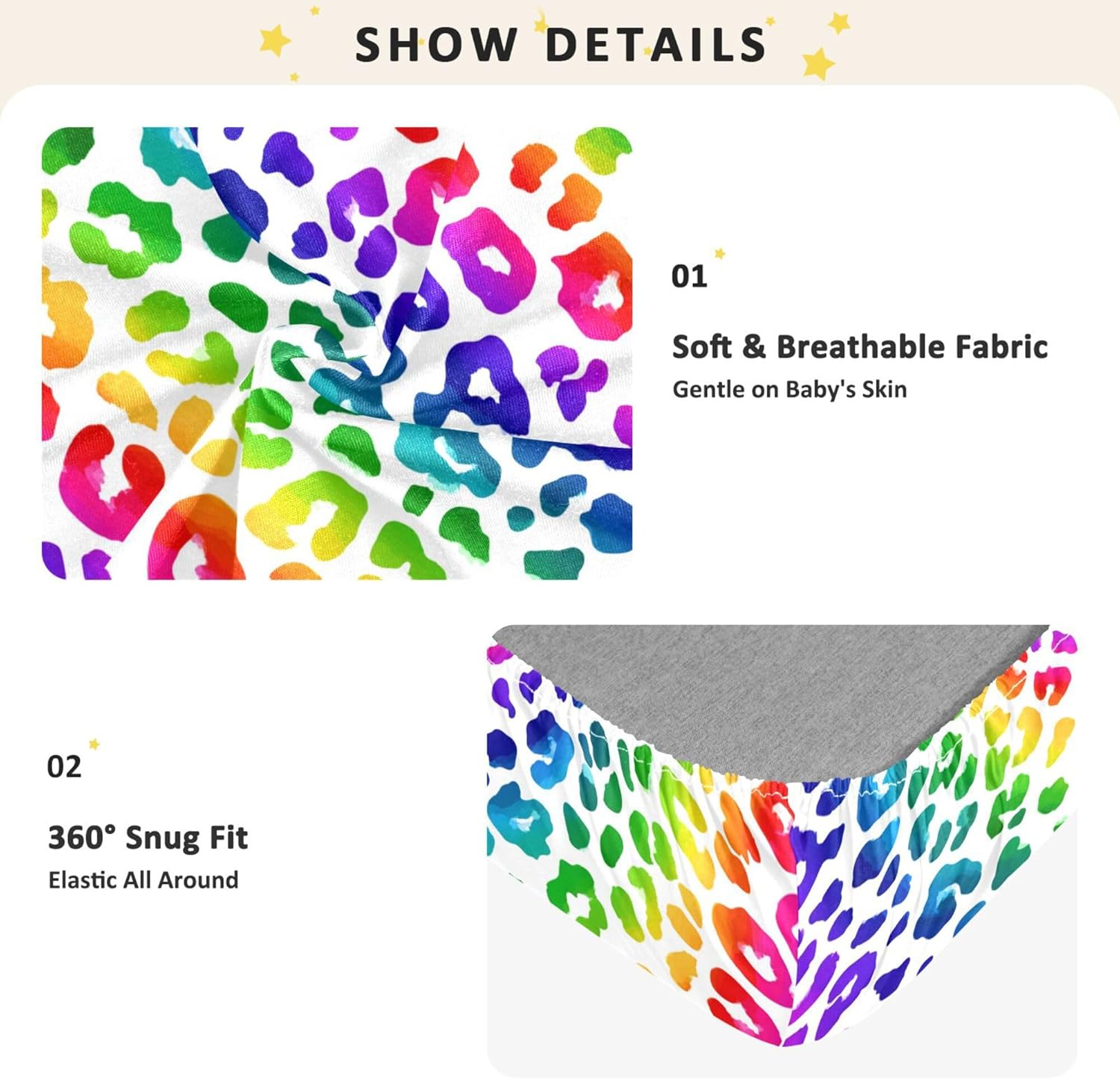 Rainbow Leopard Prints White Crib Sheets Soft Breathable Fitted Cotton Baby Crib Sheets Mattress Cover for Girl Boy, 52" x 28" x 9"