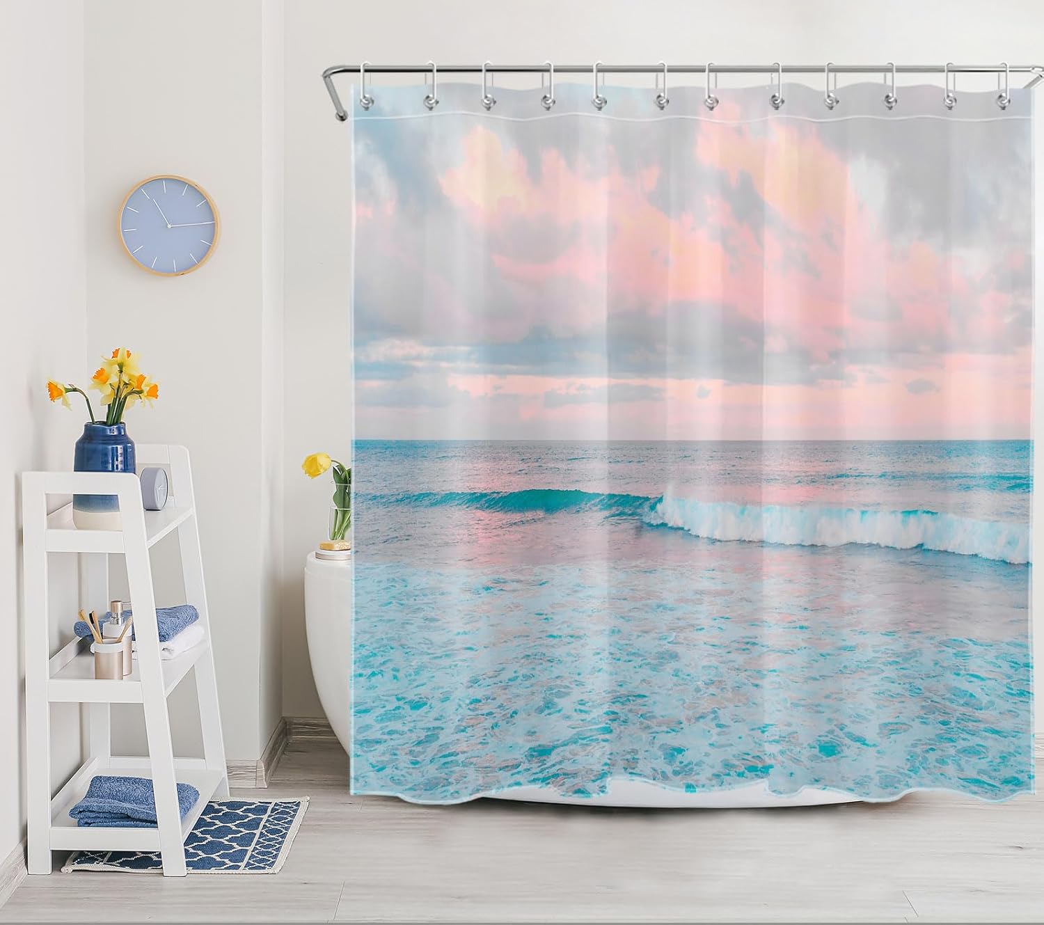 LB Teal Blue Ocean Shower Curtain for Bathroom, Pink Sky Cloud Summer Tropical Beach Theme Fabric Shower Curtain, Seaside Coastal Nature Landscape Bathroom Shower Curtain Set with Hooks, 72x78 inches