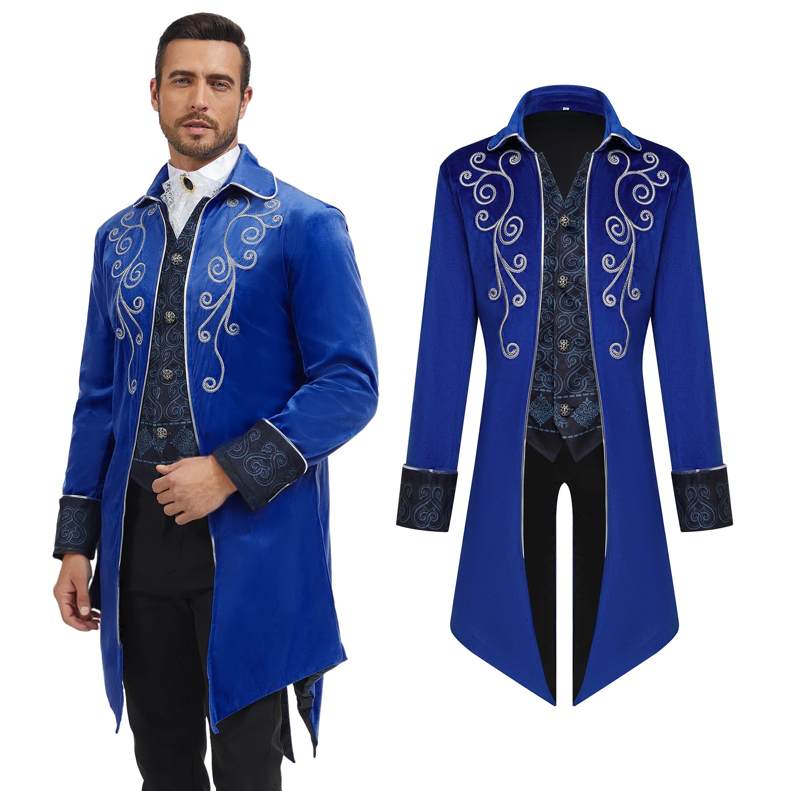 AFJIODUV Steampunk Jacket Men, Long Sleeve Embroidery Vintage Gothic Coat Men Tailcoat Jacket, Mens Victorian Costume for Steampunk-Themed & Dancing Party, Halloween (Blue, XL)