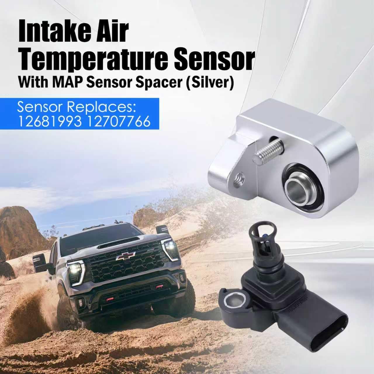 Intake Air Temperature Sensor with MAP Sensor Spacer (Silver) Fit for 2017-2025 Chevy Silverado 2500HD 3500HD, GMC Sierra 2500HD 3500HD 6.6L Duramax Diesel Replaces 12681993 12707766