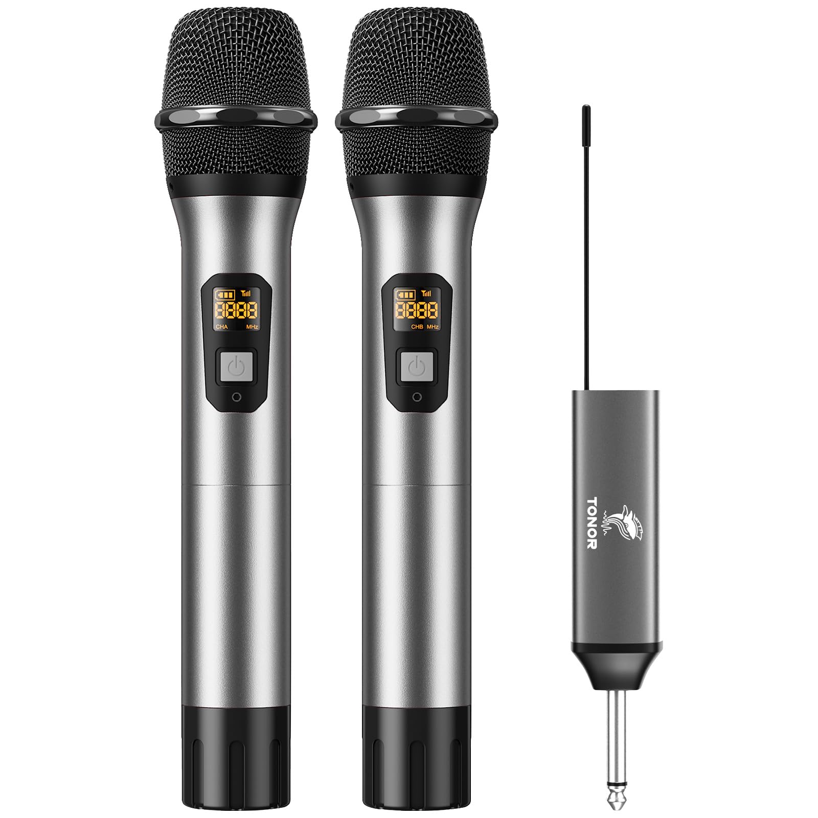 TONOR Drahtloses Mikrofon, UHF Dual Kabelloses Metall Dynamisches Mikro System mit wiederaufladbarem Empfänger, für Karaoke, Hochzeit, DJ, Party, Rede, Kirche, Klassen, 60m (TW630), Silber