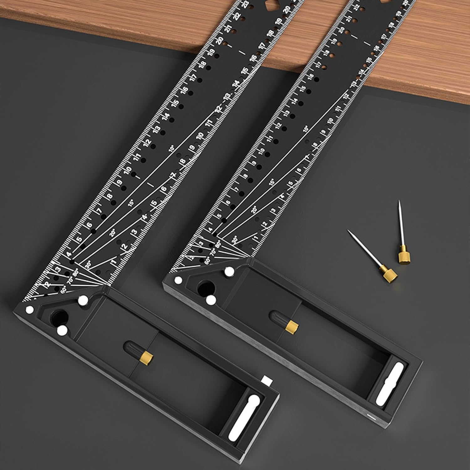 A hand using the Muloo Combination Square Tool to mark an angle on a wooden board.