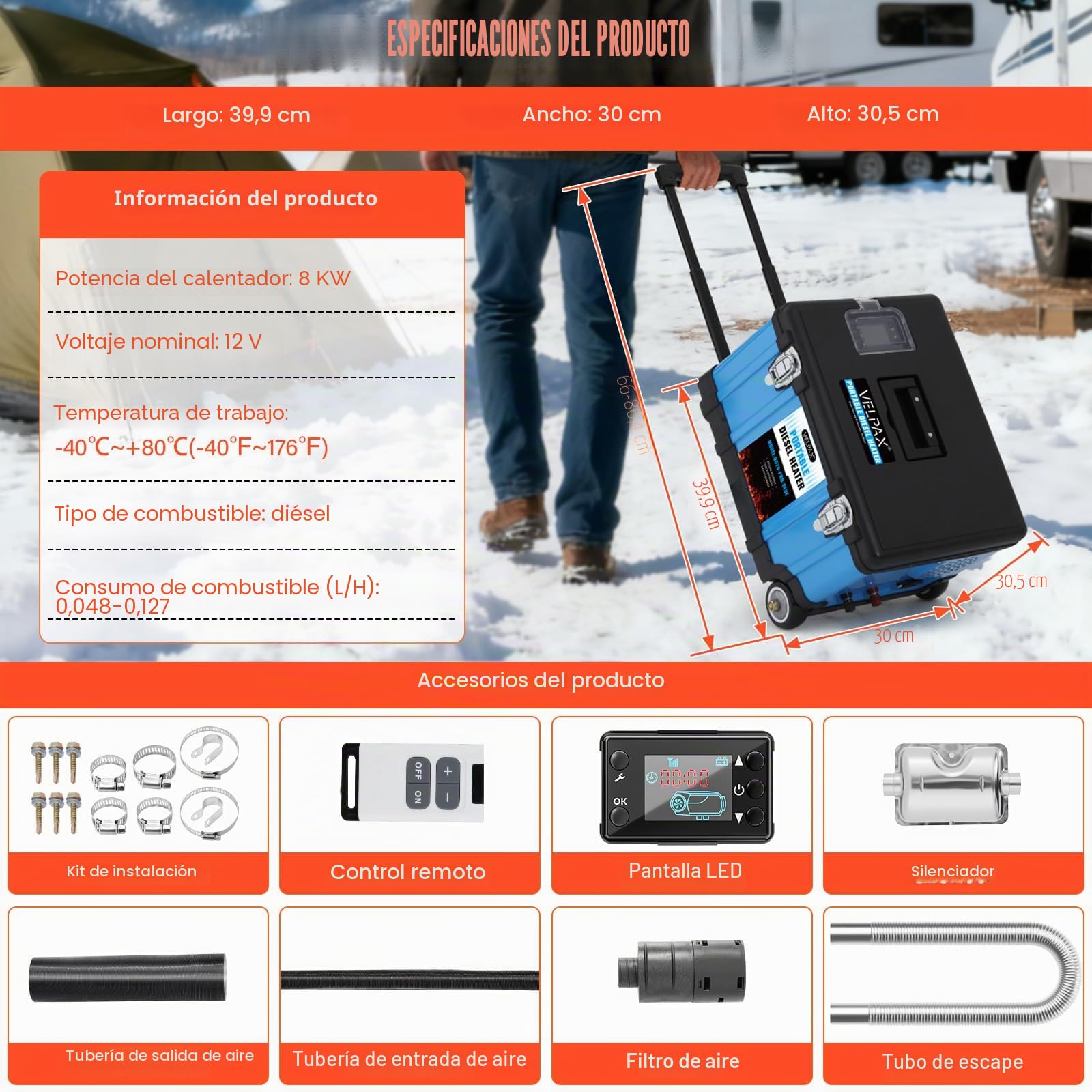 Calefacción de Aire Diesel de 8 kW, Calentador de Estacionamiento Diésel 12V, Calentador diésel fijo con mango y ruedas,Control Remoto y Pantalla de,Visualización para Vehículos y Garajes