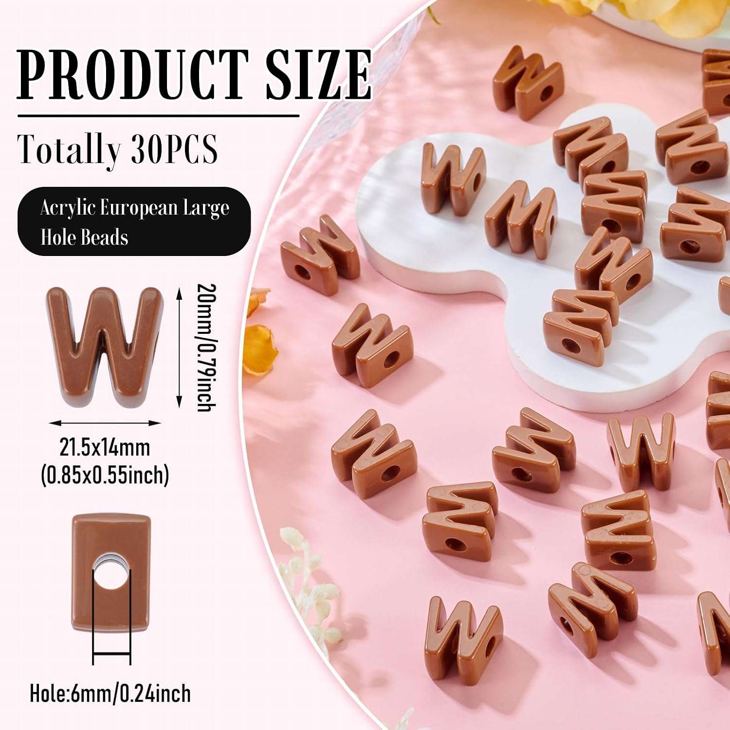 30Pcs Chocolate Brown Large Letter Beads, 20mm Big Chunky Alphabet Beads, Single Initial Letter W Bead with Large Hole for Friendship Bracelets Keychain Bag Charms Shoelaces